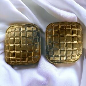 Vintage 80s 14K Yellow Gold Checkered Earrings, Mod Retro Statement Earrings